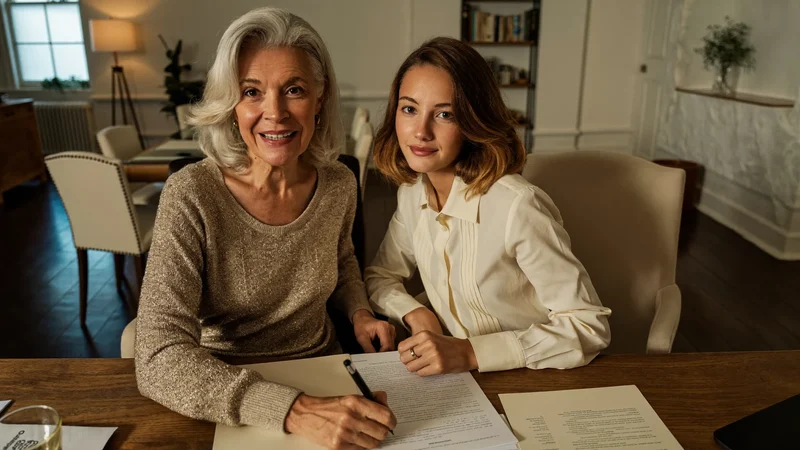 Seniorin und Tochter füllen gemeinsam leere Formulare am Schreibtisch aus, Illustration