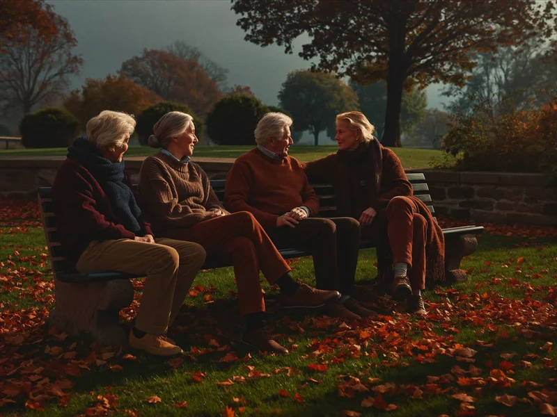 Ältere Menschen unterhalten sich auf einer Parkbank im Herbstlicht, Illustration
